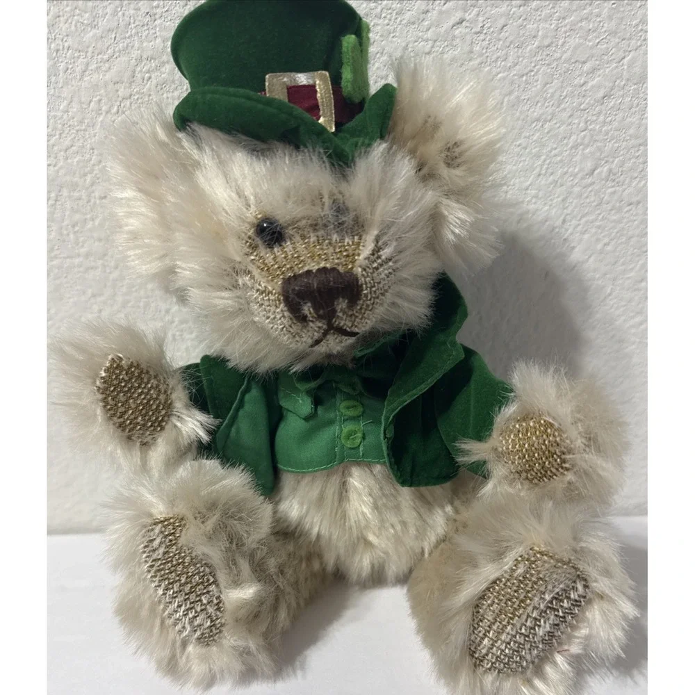 ST. PATRICK'S DAY Jointed Stuffed Mohair Bear Toy Top Hat Vest T.L. Toys 9